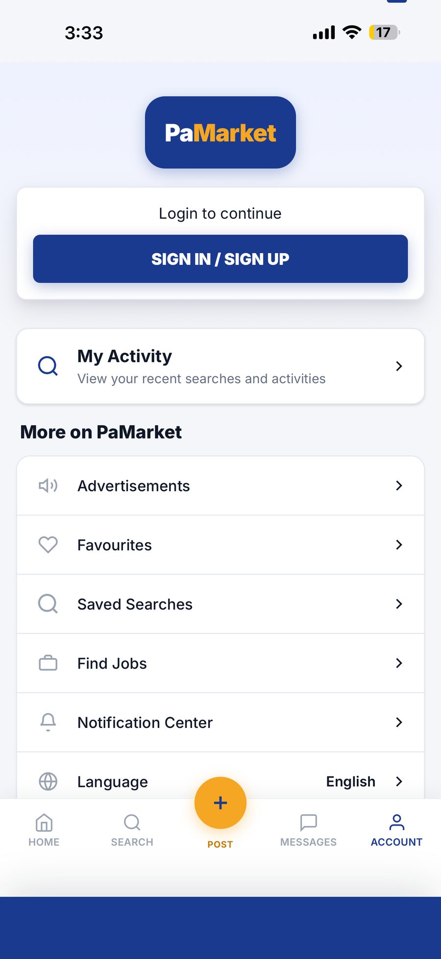 PaMarket app account screen